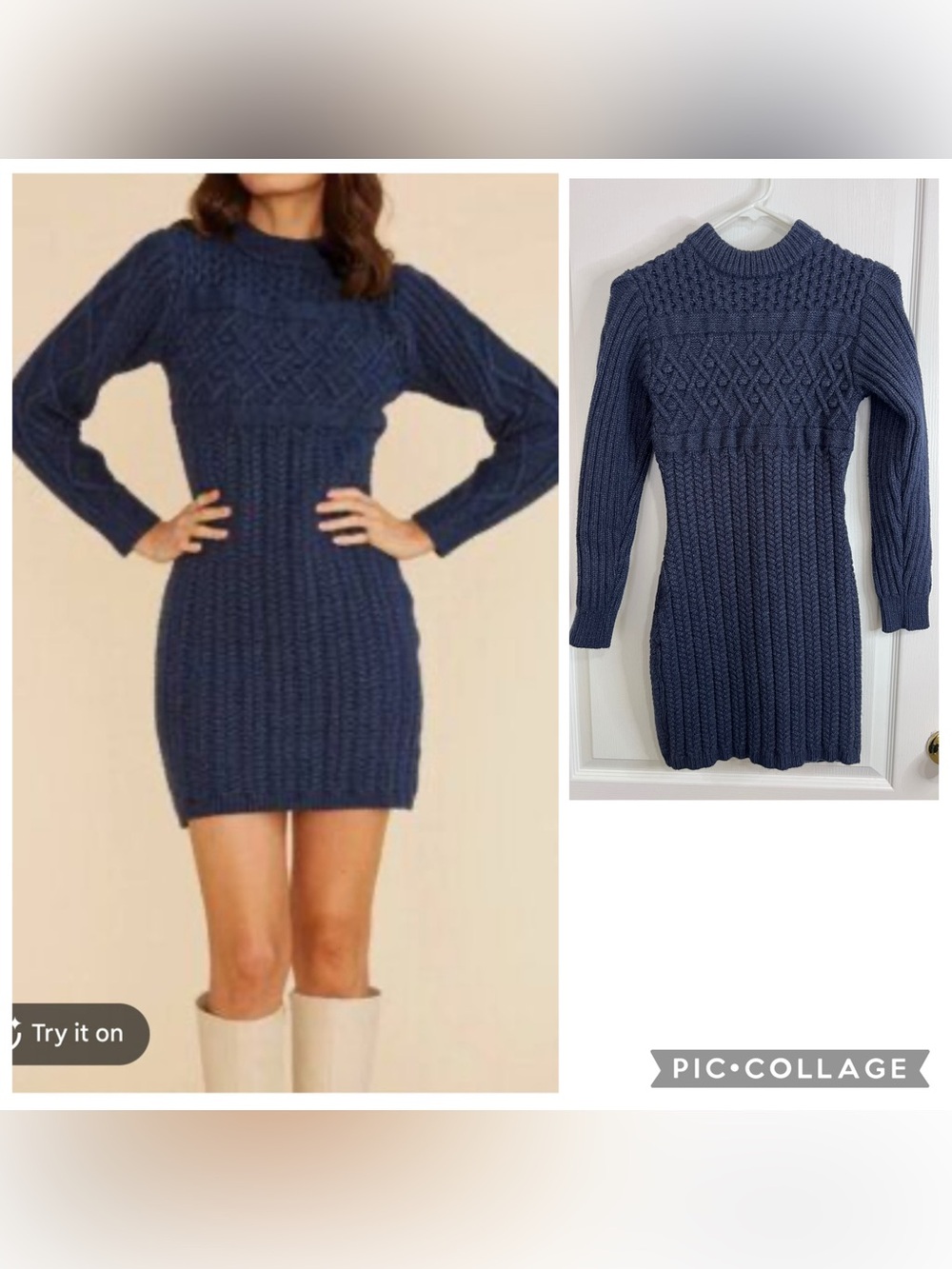 Minkpink Classic Cable Knit Sweater long sleeves mini Dress Navy size S